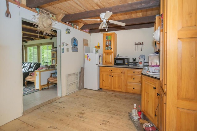 kitchen featuring light wood-type flooring, white refrigerator, beamed ceiling, and wooden ceiling