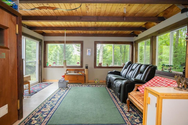 sunroom / solarium with wood ceiling and beam ceiling