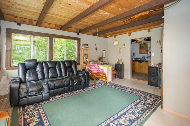 living room with beamed ceiling, wooden ceiling, and a healthy amount of sunlight