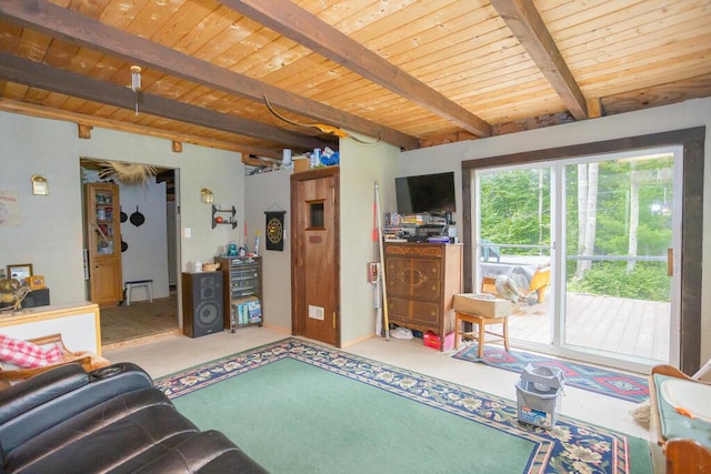 carpeted living room with wood ceiling and beam ceiling