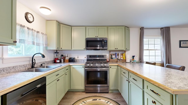 kitchen with light wood-type flooring, green cabinets, stainless steel appliances, and sink