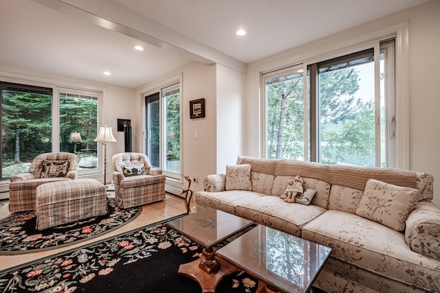 living room featuring a baseboard heating unit and light hardwood / wood-style floors