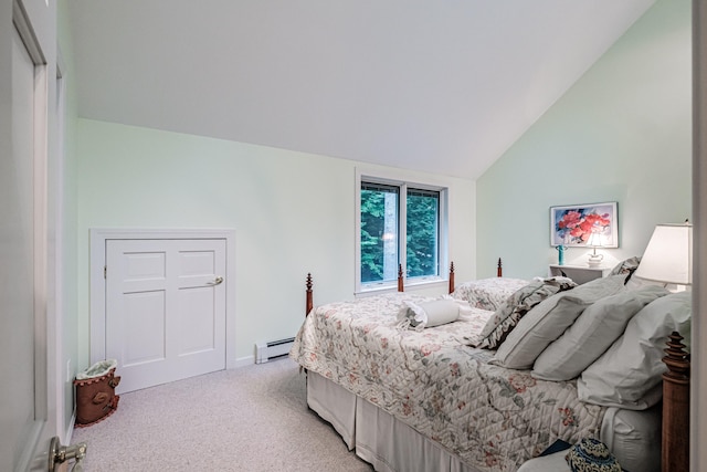 bedroom featuring a baseboard radiator, light carpet, and high vaulted ceiling