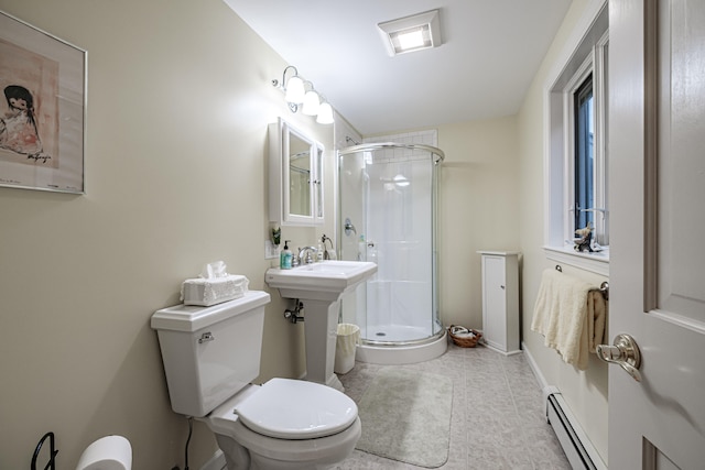 bathroom featuring toilet, tile patterned floors, baseboard heating, and an enclosed shower