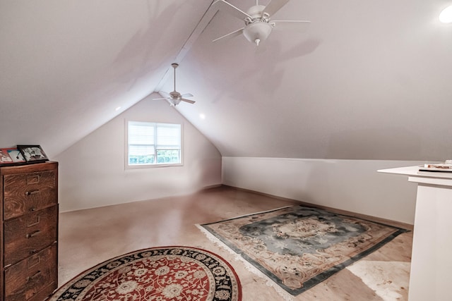 additional living space featuring ceiling fan, vaulted ceiling, and light colored carpet