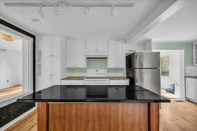 kitchen featuring white cabinets, stainless steel fridge, a kitchen island, light hardwood / wood-style floors, and white range with electric stovetop