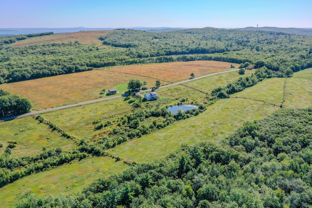 bird's eye view featuring a rural view and a water view