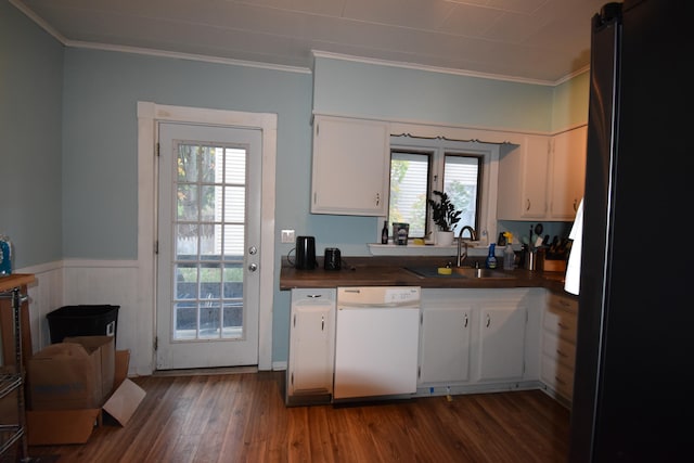 kitchen with black fridge, sink, dishwasher, dark hardwood / wood-style floors, and white cabinetry