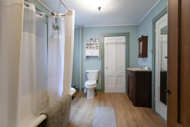 full bathroom featuring toilet, a shower with curtain, wood finished floors, and vanity