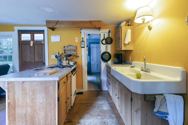 kitchen featuring light countertops, a peninsula, and white gas range