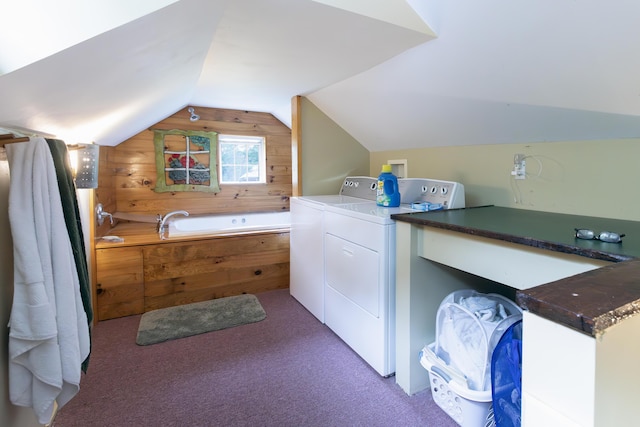 clothes washing area with laundry area, carpet, and washing machine and dryer