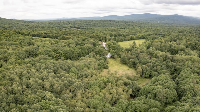 birds eye view of property with a mountain view and a forest view