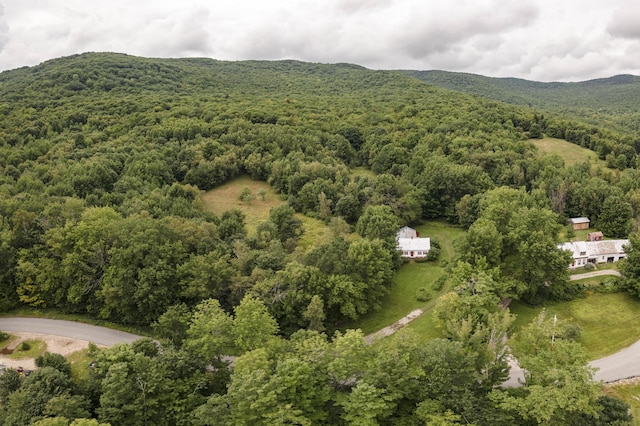 drone / aerial view featuring a wooded view and a mountain view