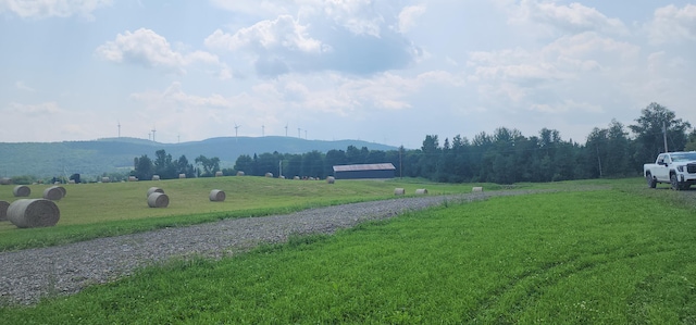 exterior space featuring a mountain view, a yard, and a rural view