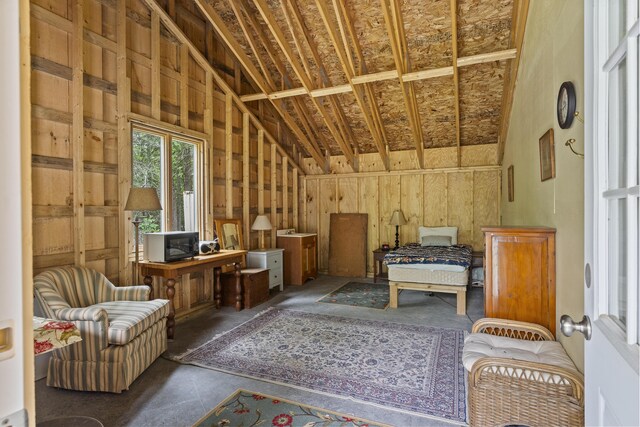 living area featuring high vaulted ceiling