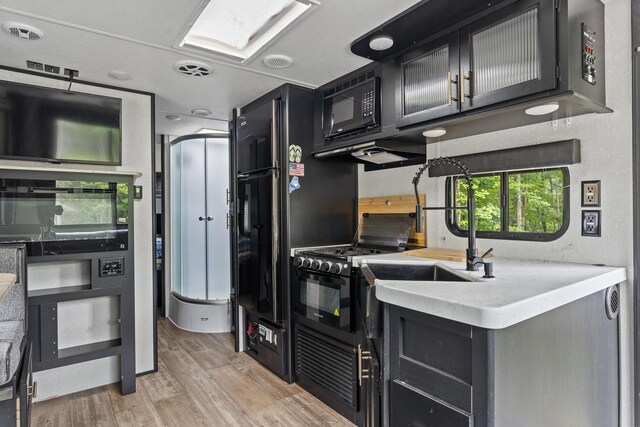 kitchen featuring a skylight, light hardwood / wood-style floors, and sink