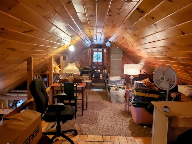 home office featuring lofted ceiling and wooden ceiling