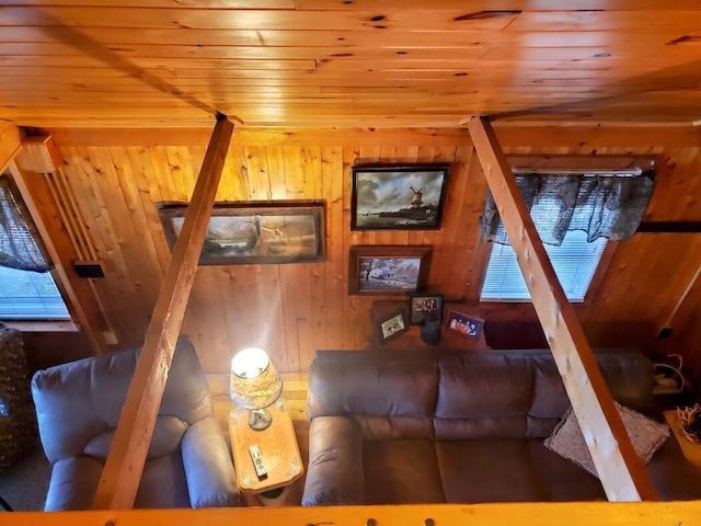 living room with wooden ceiling and wooden walls