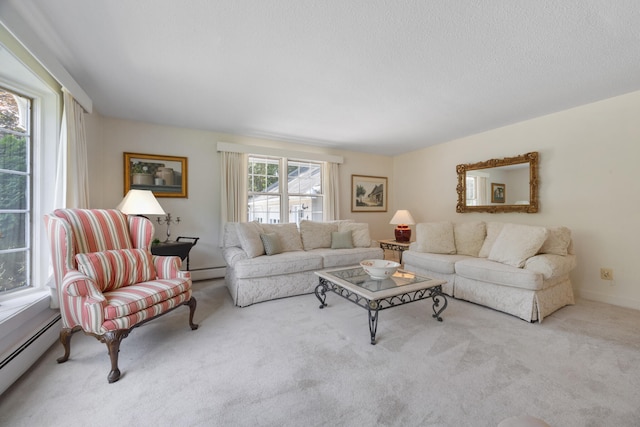 carpeted living room with a baseboard radiator