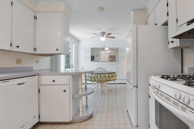 kitchen featuring white appliances, light tile patterned flooring, extractor fan, ceiling fan, and white cabinets