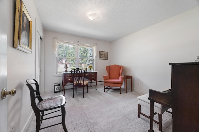 living area with a textured ceiling and light colored carpet