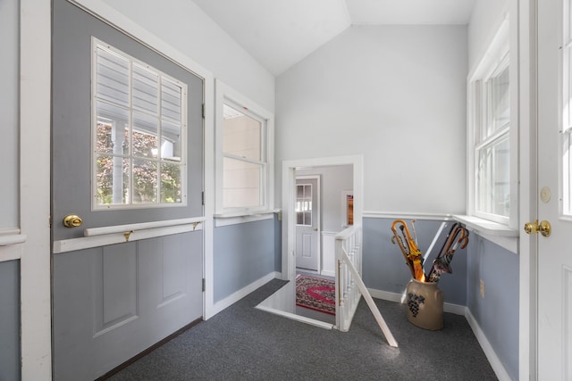 interior space with lofted ceiling and carpet