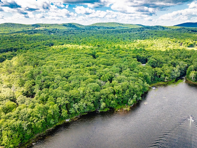 aerial view featuring a water and mountain view