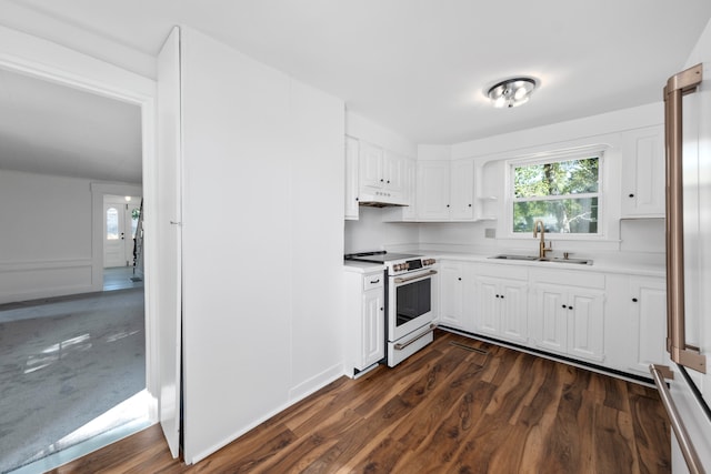 kitchen featuring custom range hood, white range with electric cooktop, dark hardwood / wood-style flooring, white cabinetry, and sink