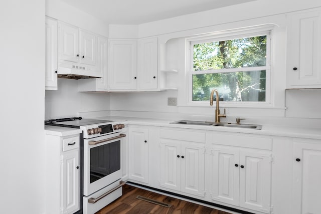 kitchen with custom exhaust hood, dark hardwood / wood-style floors, sink, white range with electric stovetop, and white cabinets