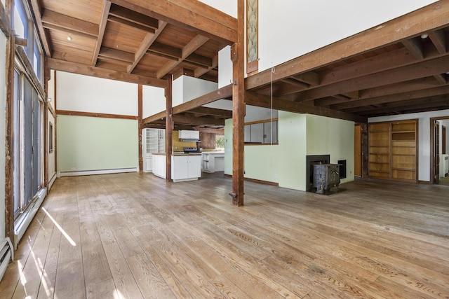 4 Wilson St, Topsham, ME 04086 - unfurnished living room with a wood stove, a baseboard radiator, wood-type flooring, a wooden ceiling with exposed beams, and a baseboard heating unit