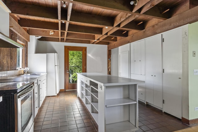 4 Wilson St, Topsham, ME 04086 - kitchen featuring open shelves, freestanding refrigerator, tile patterned floors, electric range, and coffered ceiling