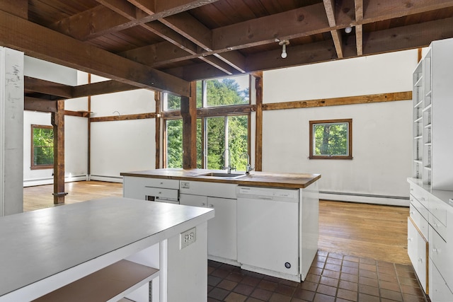 4 Wilson St, Topsham, ME 04086 - kitchen featuring dishwasher, a baseboard heating unit, a wooden ceiling with exposed beams, and white cabinets