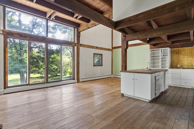 4 Wilson St, Topsham, ME 04086 - kitchen featuring a wood ceiling with exposed beams, a baseboard heating unit, dark wood-style flooring, white cabinets, and backsplash