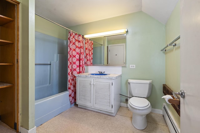 4 Wilson St, Topsham, ME 04086 - bathroom with a baseboard radiator, vanity, shower / bath combination with curtain, and vaulted ceiling
