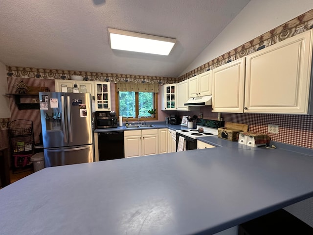 kitchen featuring a textured ceiling, stainless steel appliances, white cabinets, vaulted ceiling, and kitchen peninsula