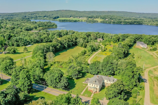 443 S Union Rd, Union, ME 04862 - birds eye view of property with a water view and a forest view