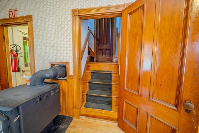 443 S Union Rd, Union, ME 04862 - stairway with wallpapered walls and wood finished floors