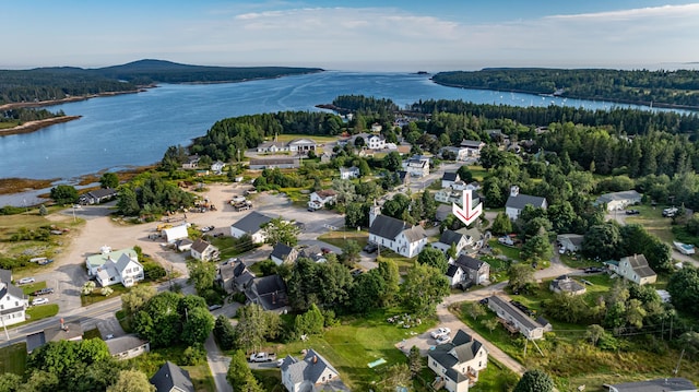 birds eye view of property with a wooded view and a water view