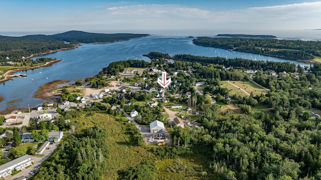 birds eye view of property featuring a water view and a wooded view