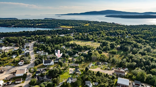 aerial view featuring a forest view and a water and mountain view