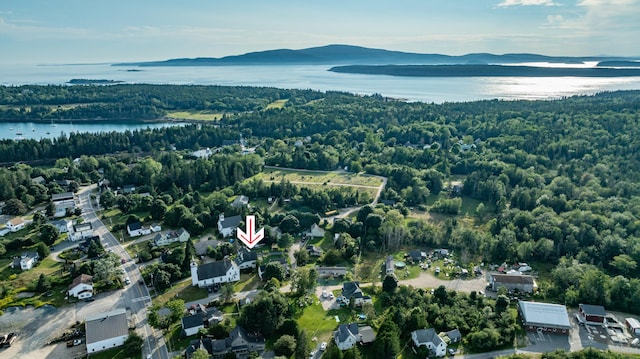 aerial view with a wooded view and a water and mountain view