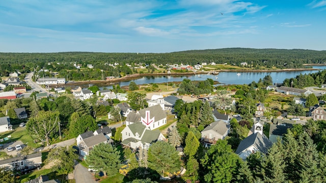 birds eye view of property featuring a residential view, a water view, and a wooded view