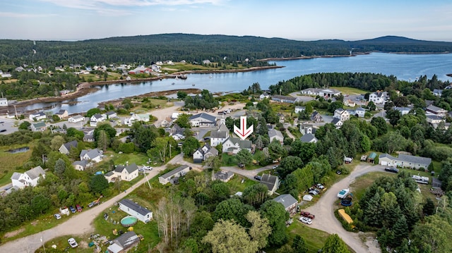 birds eye view of property with a wooded view and a water view