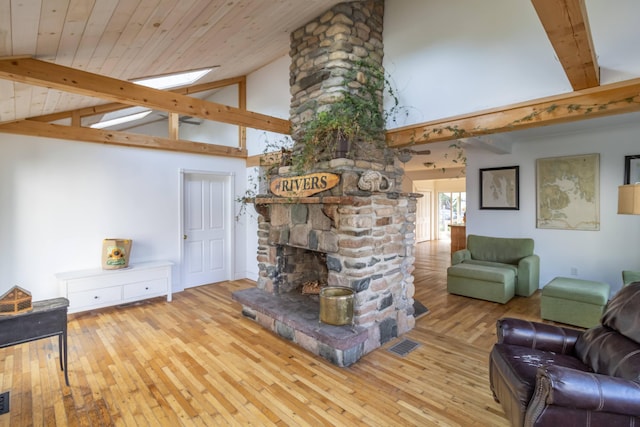 living room featuring light wood-type flooring, a fireplace, high vaulted ceiling, beam ceiling, and a skylight