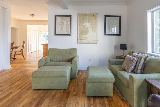 living area featuring crown molding, light wood-style flooring, and baseboards