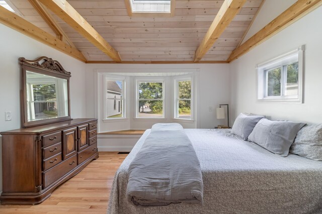 bedroom with lofted ceiling with skylight, multiple windows, wood ceiling, and light wood-type flooring