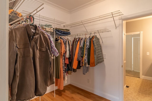 walk in closet with light wood-type flooring