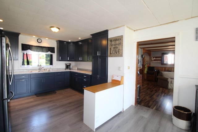 kitchen featuring hardwood / wood-style flooring, stainless steel refrigerator, and sink