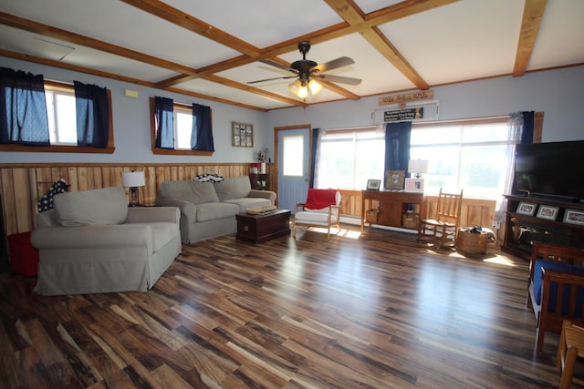 living room featuring beamed ceiling, coffered ceiling, dark hardwood / wood-style floors, and ceiling fan