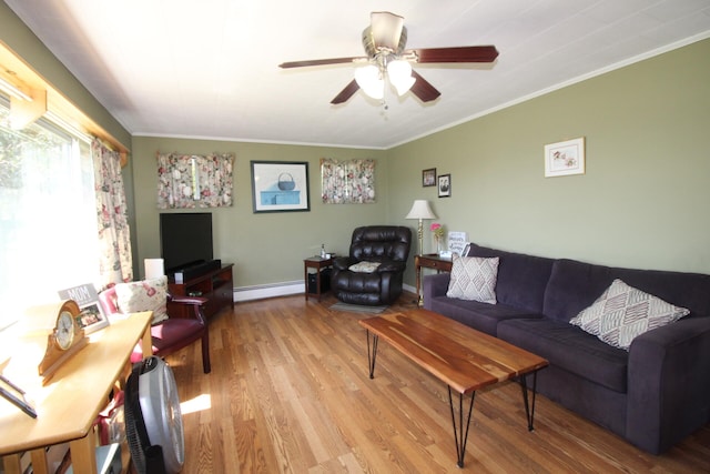 living room featuring crown molding, a baseboard heating unit, light wood-type flooring, and ceiling fan